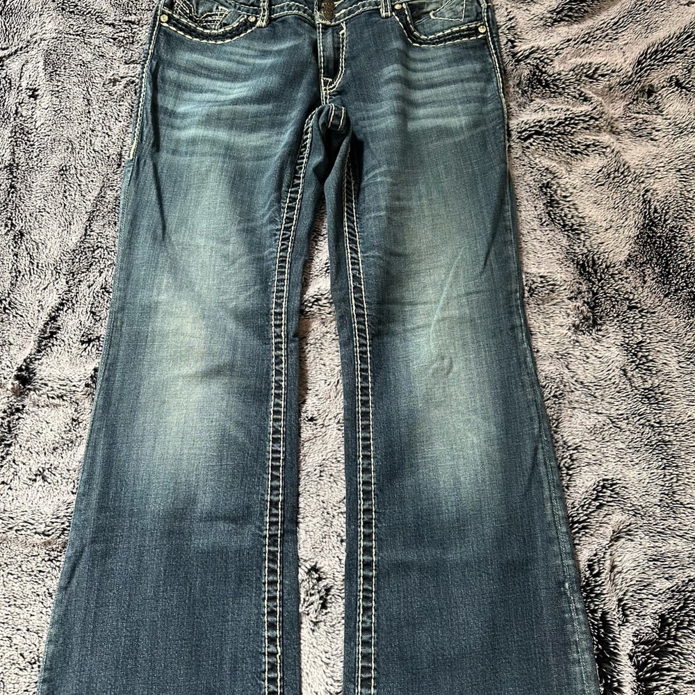 Blue Flare Wide Leg Jeans with Vintage Distress